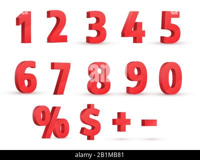 Rote Zahlen. 3D-realistischer Vektorsatz. Perspektivische Ansicht. Prozentzeichen, Dollarzeichen, Plus und Minus. Stock Vektor