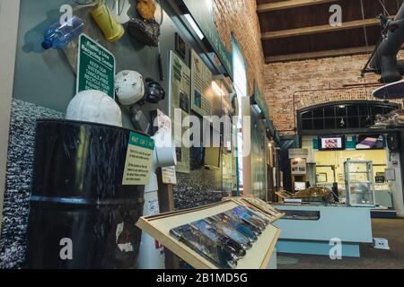 Jekyll ISLAND, GEORGIA - 17. SEPT. 2019: Georgia Sea Turtle Education Center, Trash Exhibit. Stockfoto