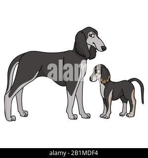 Der süße Zeichentrickfilm saluki und der Welpenhund züchten Vektorclipart. Stammbaum Zwingerdoggie Rasse für Hundefreunde. Reinrassige Haus-Illustration für Haustierzimmer Stock Vektor