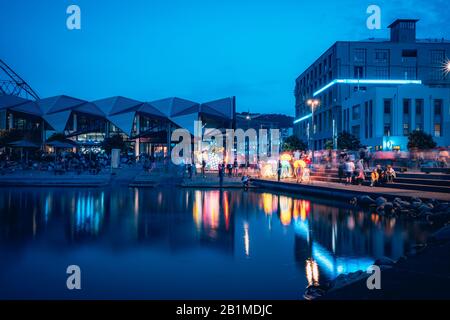 Nachtszenerie der Waterfront in Wellington City Stockfoto