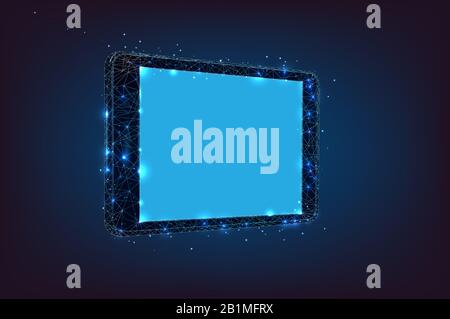 Technologische Illustration, Telefonbild oder Tablet auf dunkelblauem Hintergrund, Konzept von Gadgets und digitalen Geräten Themen. Flacher Drahtmodell und Glo Stockfoto