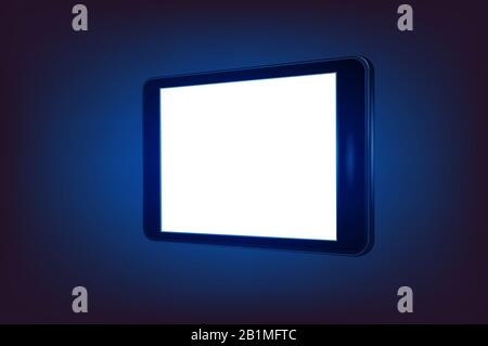 Technologische Illustration, Telefonbild oder Tablet auf dunkelblauem Hintergrund, Konzept von Gadgets und digitalen Geräten Themen. Weißer Bildschirm. Stockfoto
