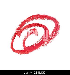 Spirale mit Spiralwirbel der Lippenstiftbürste. Handgezeichneter roter Kreisstrich. Runde Zierlinie isoliert auf weißem Hintergrund. Zeichnungselement für die Konstruktion. Draufsicht. Stockfoto