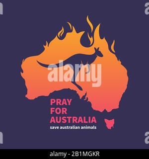 Betet für Australien. Australien steht auf dem Feuerposter. Vektorbild der Karte Australien im Brandstil Stock Vektor