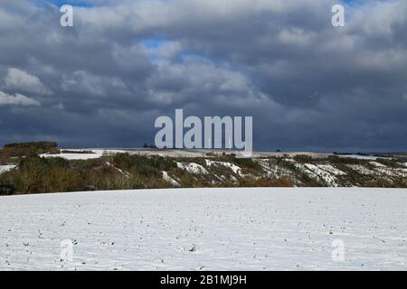 Winterlandschaft mit weissem schneebedeckten Feld und dunklem bewölktem Himmel Stockfoto