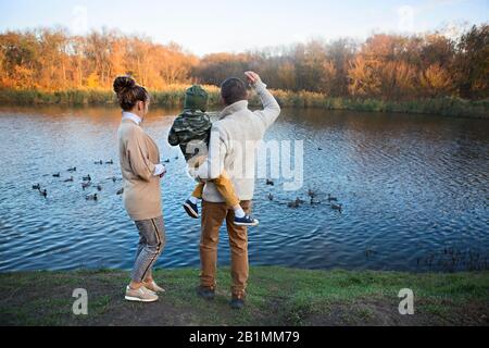 Vater, Mutter und Sohn Fütterung Enten am See Herbst Stockfoto