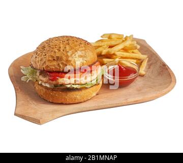 Köstlicher Hamburger mit Rind auf einer Tafel mit gebratener Kartoffel isoliert auf Weiß. Foto für die Speisekarte. Stockfoto