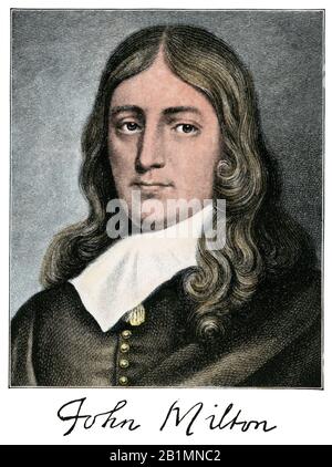 John Milton mit seiner Unterschrift. Handfarbener Halbton einer Abbildung Stockfoto