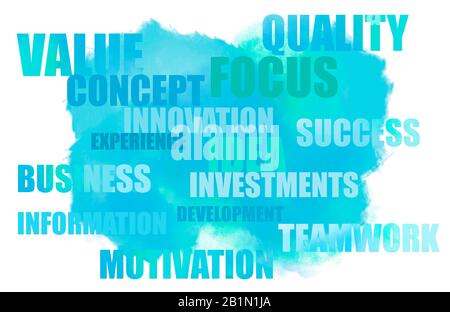 Business Word Cloud auf mint grünem Pinsel watercolor Cloud Splash. Ätherische Vorlage für Website, Design oder Hintergrund isoliert auf weißem Hintergrund. Digi Stockfoto