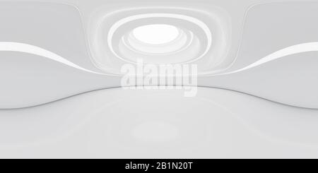 Volle 360 Grad äquiquidistankturales Panorama hdri des modernen futuristischen weißen Gebäudeinneren 3D Rendering Illustration Stockfoto