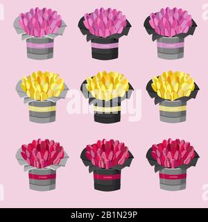 Vektorgrafik für den Blumenladen. Blumensträuße in grauen und schwarzen Töpfen. Rosa, Rot, gelbe Tulpen. Federsatz. 8. Marh Stock Vektor