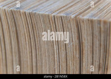 Makrobild gelber Bilder von altem Buch mit vielen Seiten Stockfoto