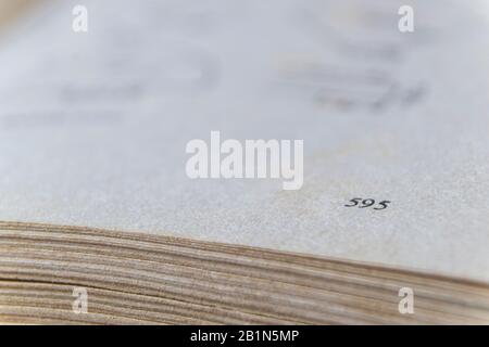 Makrobild gelber Bilder alter, großer Bücher auf Seite 595 Stockfoto