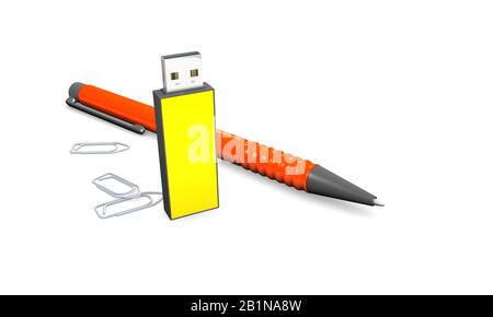 3D-Computergrafik, USB-Stick, Büroclip und ein Kugelschreiber vor weißem Hintergrund