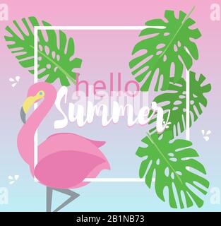 Hallo Sommer Vektor-Hintergrund mit Flamingo und tropischen Blättern. Stock Vektor