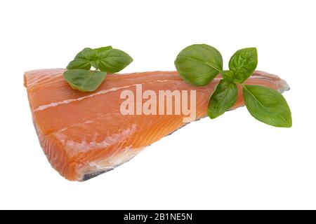 Filet aus frischem Lachs isoliert auf weißem Hintergrund Stockfoto