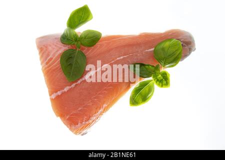 Filet aus frischem Lachs isoliert auf weißem Hintergrund Stockfoto