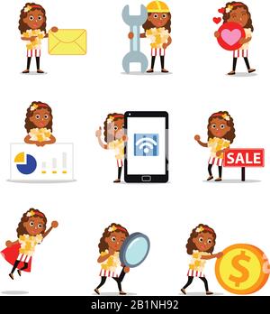 Stellen Sie die Figur der Frau ein, die ein einzigartiges Popcorn-Kostüm im Kino trägt. Stock Vektor