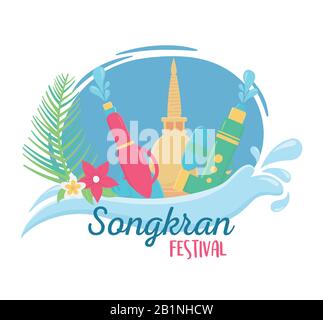 Songkran Festival Plastic Water Guns spritzt Blumen thai-palast Feier Design Vektor Illustration Stock Vektor