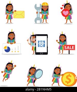 Figur der Frau mit niedlichem Einhorn und Regenbogenfarbe. Stock Vektor