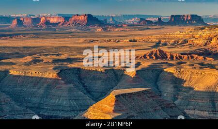 Schwanenhälse von San Juan River, Monument Valley Buttes in Distanz, bei Sonnenaufgang, Ansicht von muley Point auf Cedar Mesa, Arizona, USA Stockfoto