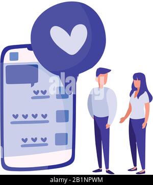 Ein Paar, das vor einem großen Smartphone steht, mit einem Liebeschat über weißem Hintergrund, Vektorgrafiken Stock Vektor
