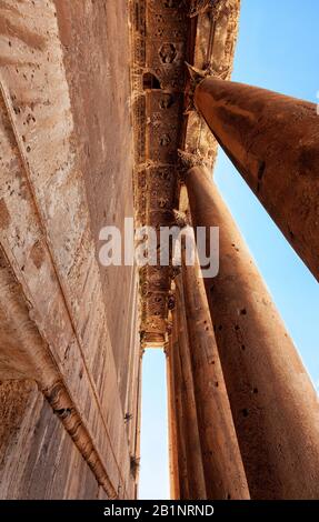 Blick auf die Decke und die Säulen des römischen Bacchus-Tempels, UNESCO-Weltkulturerbe, Baalbek, Libanon. Einzigartige Perspektive. Stockfoto