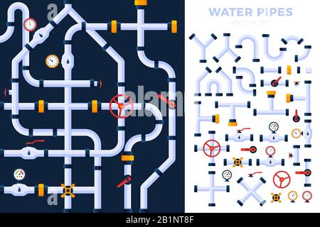 Muster und Vektor-Set Details Ware Pipes System flacher Stil. Sammlung von Wasserschlauch, Kunststoffleitung, Filtres, Gasventil, Armaturen, Leitungen, Fau Stock Vektor