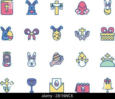 Happy easter und Cartoon Rabbits Symbol über weißem Hintergrund, Linienart und farbenfrohes Design, Vektorgrafiken Stock Vektor