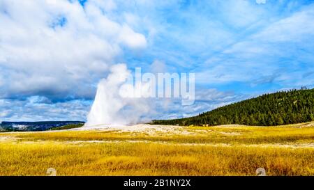 Der Beginn einer Eruption des berühmten Geysir Geysir a Cone Geyser im oberen Geysir Basin entlang des Continental Divide Trail in Yellowstone N Stockfoto