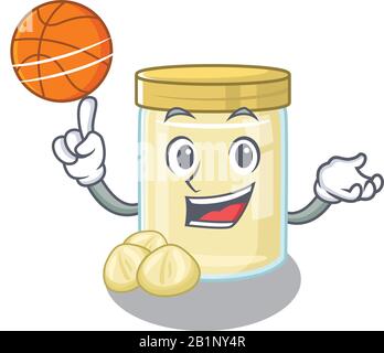 Ein Maskottchen von Macadamia-Nuss-Butter Cartoon-Charakter, der Basketball spielt Stock Vektor