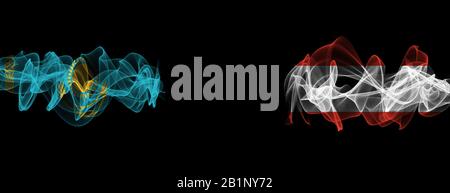 Flaggen Kasachstans und Österreichs auf schwarzem Hintergrund, Kasachstan vs. Österreich Rauchfahnen Stockfoto