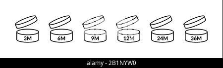 Pao-Symbole. Zeitraum nach dem Öffnen. 3 m, 6 m, 9 m, 12 m, 24 m, 36 m, Logo. Vektor öffnet kosmetisches Zeichen Stock Vektor