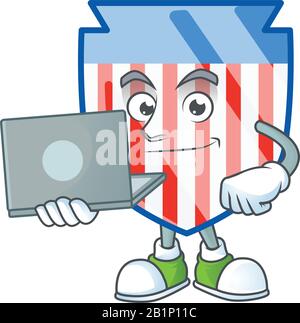 Ein elegantes Maskottchen-Symbol mit USA-Streifen, das mit einem Laptop funktioniert Stock Vektor