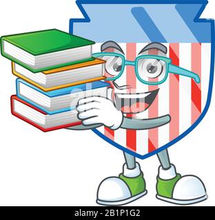 Eine schrockige, clevere Cartoon-Figur der USA Stripes schirmt das Studium mit einigen Büchern ab Stock Vektor