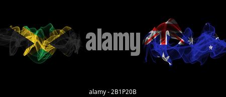 Flags of Jamaica and Australia on Black Background, Jamaica vs Australia Smoke Flags Stockfoto