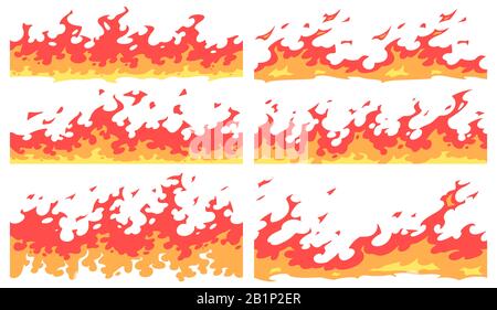 Brandgrenze des Zeichentrickfilms. Flammenteiler, helle Brandflammenränder und nahtloser Blaze-Vektor-Satz Stock Vektor