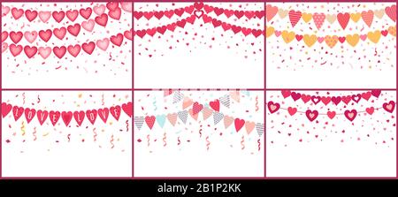 Bunting liebt Herzen. Liebesgarland, valentine Party Dekoration Herzfahnen mit Farb-Konfetti-Vektor-Set Stock Vektor