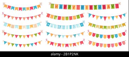 Partybunding. Farbpapier Dreikantfahnen gesammelt und in Girlanden gedraftet, Glückliche Geburtstags-buntings Cartoon-Vektor-Set Stock Vektor