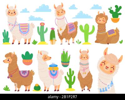 Cartoon mexican alpaca. Lustige Lamas, Cartoon niedliches Tier und Lama mit Wüstencaktus-Vektor-Set Stock Vektor