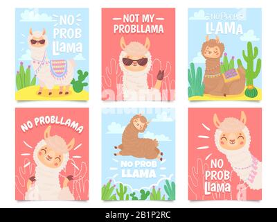 Keine Prob Llama Poster. Niedliche Lamas haben keine Probleme mit Grußkarten, schöne Tiere Tier-Vektor-Set Stock Vektor