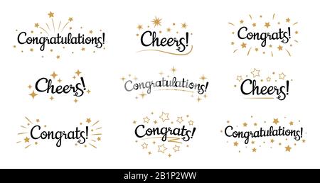 Kongrats-Schriftzug. Glückwunschtext-Etiketten, mit goldenem Burst und Sternen verziertes Jubelschild und Glückwunschvektor-Set Stock Vektor