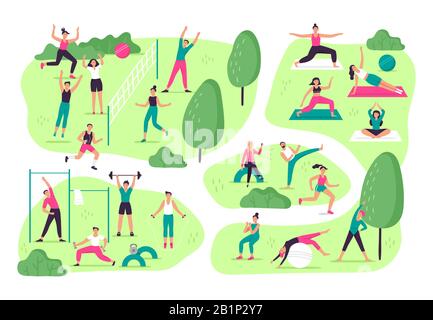 Die Menschen treiben Sport im Park. Outdoor-Sport-Aktivitäten, Gruppentraining und gesundes Lifestyle-Vektor-Illustration Stock Vektor