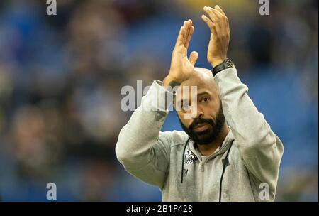 Montreal, Quebec, Kanada. Februar 2020. Montreal Impact Coach Thierry Henry feiert in einem CONCACAF Champions League Fußballspiel einen Sieg über Deportivo Saprissa. Kredit: Patrice Lapointe/ZUMA Wire/Alamy Live News Stockfoto