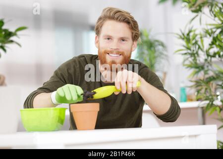 Porträt eines fröhlichen jungen Mannes, der mit Pflanzen arbeitet Stockfoto