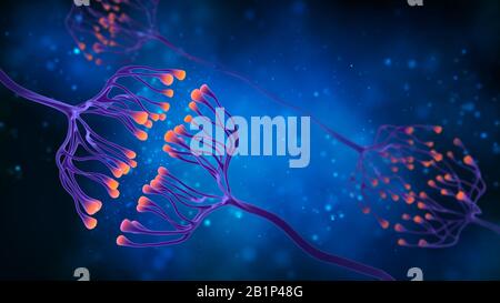 Synapse- und Neuronzellen senden elektrische chemische Signale. Digitale Synapsendarstellung auf blauem Hintergrund. 3D-Abbildung . Stockfoto