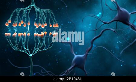 Synapse- und Neuronzellen senden elektrische chemische Signale. Digitale Synapsendarstellung auf blauem Hintergrund. 3D-Abbildung . Stockfoto