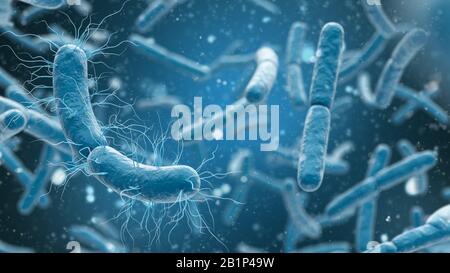 3D-Rendering von Bakterien in blauem Hintergrund. 3D-Abbildung. Stockfoto