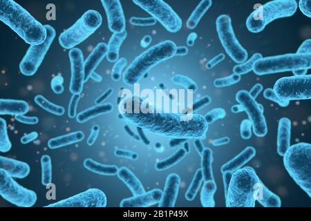 3D-Rendering von Bakterien in blauem Hintergrund. 3D-Abbildung. Stockfoto