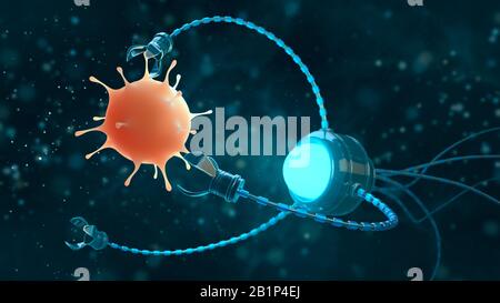 Medizinisches Konzept auf dem Gebiet der Nanotechnologie. Ein Nanobot untersucht oder tötet einen Virus. 3 D Abbildung. Stockfoto